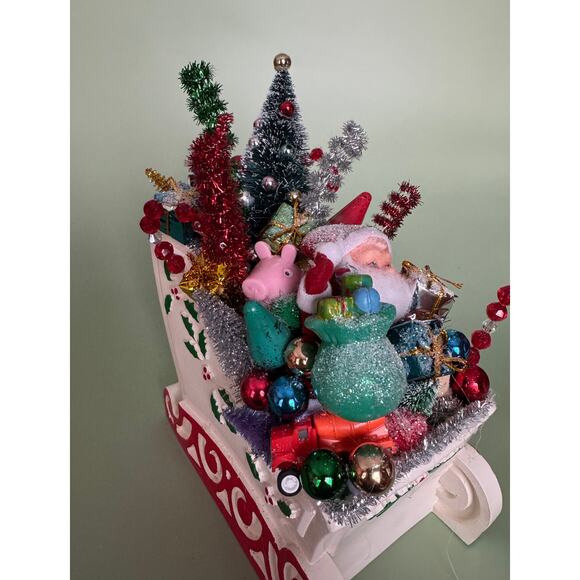 Vintage-Style Handmade Christmas Santa Sleigh Assemblage – Bottle Brush Tree - Picture 9 of 10